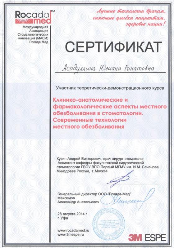 Сертификат. Асадуллина Юлиана Ринатовна. Участник теоретически-демонстационного курса